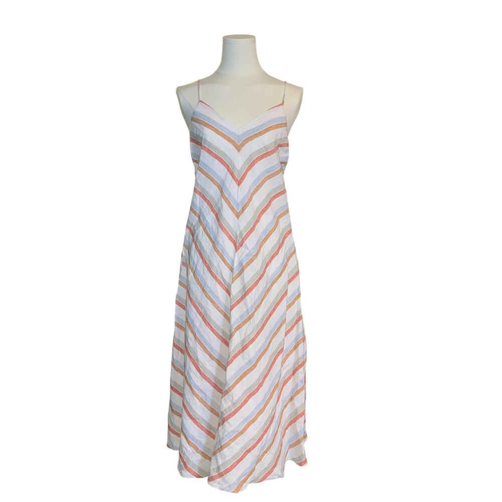 Madewell Linen Striped Midi Dress Womens XS Pastel Rainbow Chevron Cami Summer